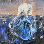 An oil painting of a polar bear on a shrinking icebeg surrounded by water. on January 16, 2025